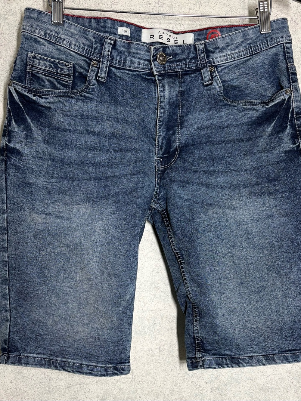 Bermuda Style Luxury Denim Shorts•Artful Rebel•Jax Slim Fit•Sz 32W• Blue Washed